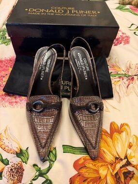 Donald J. Pliner Expresso/Pewter Metallic Gator Embossed Pointed Slingback Heels